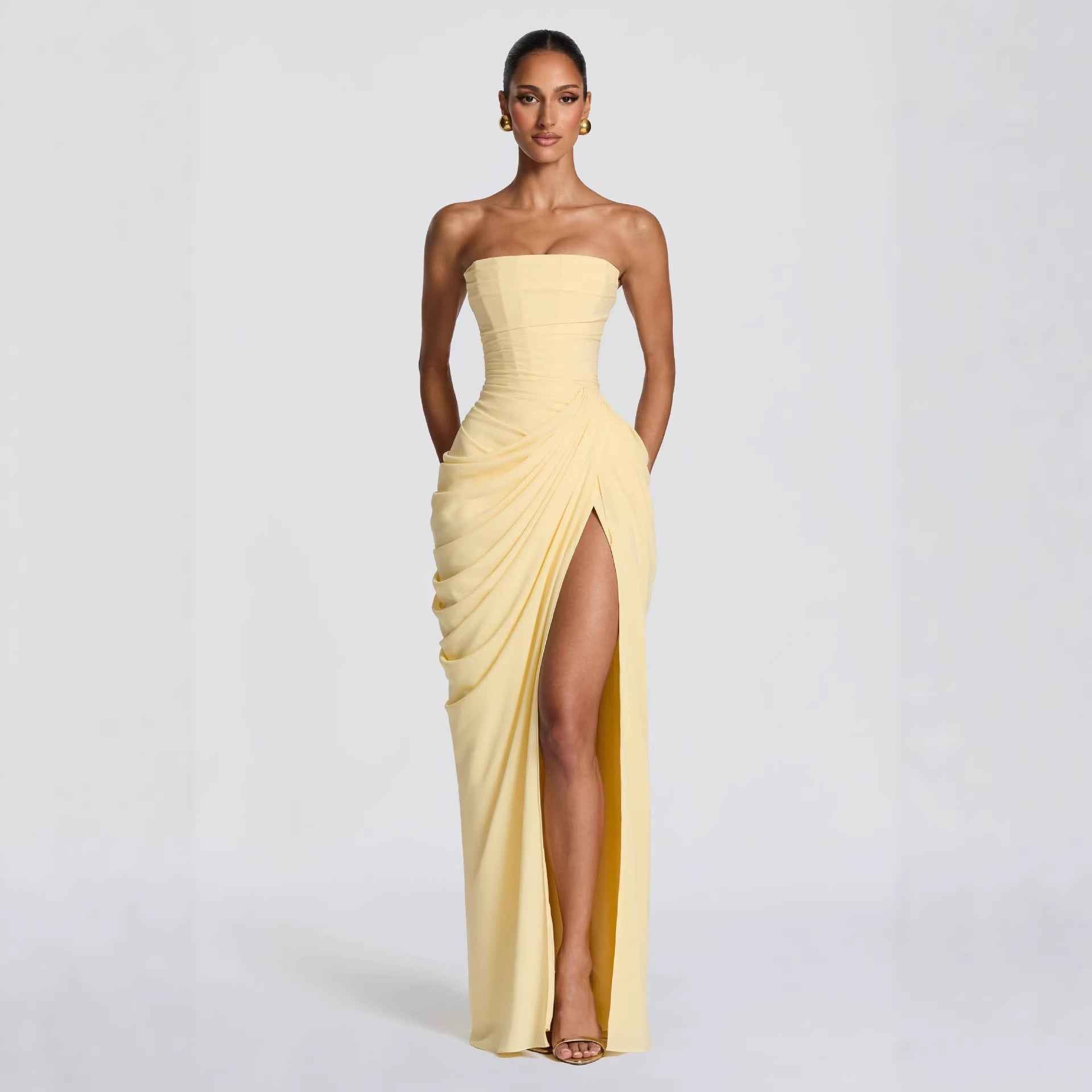 Casual long-sleeved slim-fit suspender maxi dress