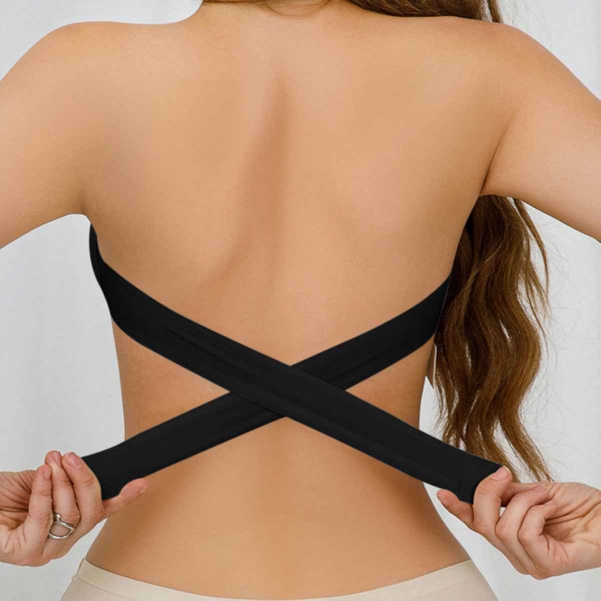 Shoulderless cross-over side-buckle bra