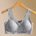 The front-opening bra has no underwire and comes with a chest pad