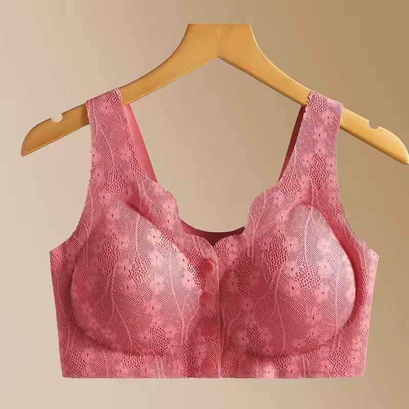 The front-opening bra has no underwire and comes with a chest pad